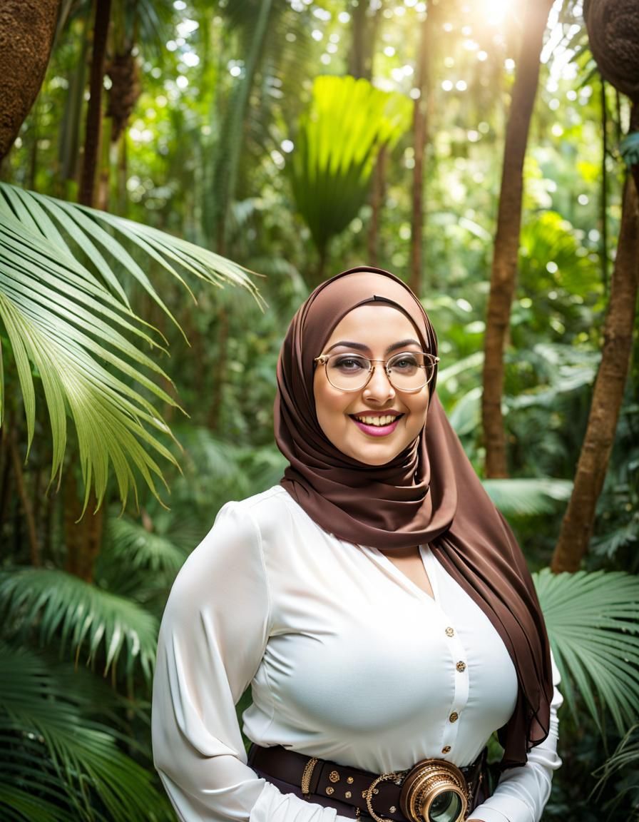 Steampunk Hijabi Woman Exploring Tropical Forest
