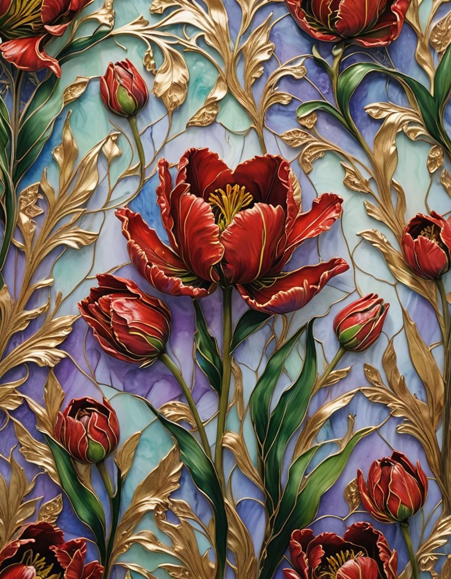 Vibrant 3D Parrot Tulips with Gold Accents