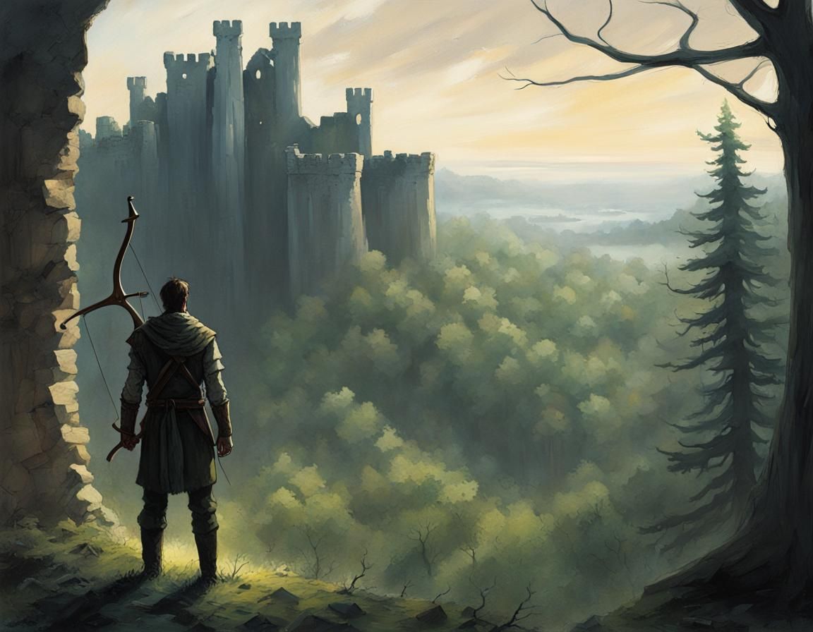 Archer Overlooks Sinister Ruins in Dark Forest