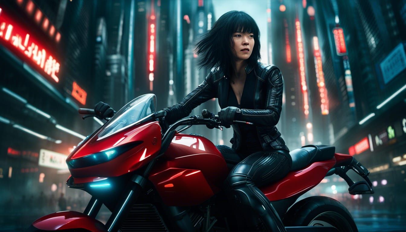 Futuristic City Ride: Woman on Red Motorbike