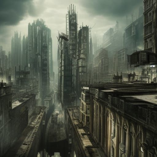 Decaying Technoir City Mirrored in Shadows