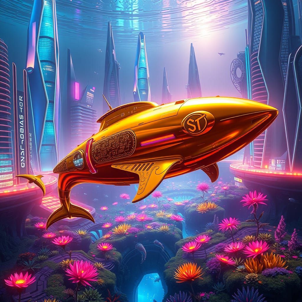 Golden Submarine Illuminates Neo-Noir Underwater Metropolis