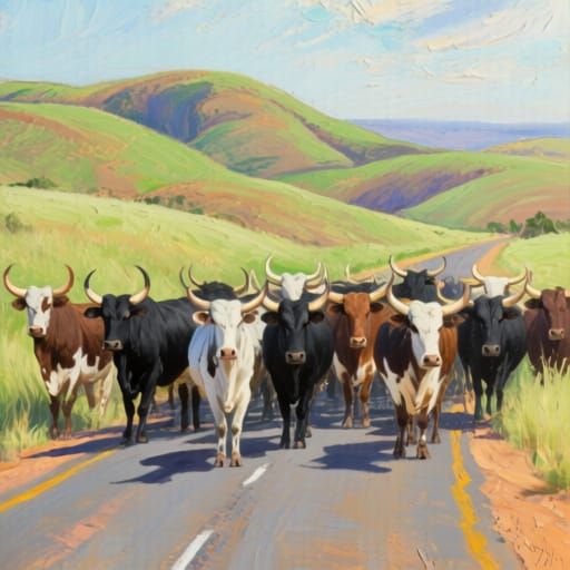 Nguni Cattle Herd Blocking Road in Transkei Hills