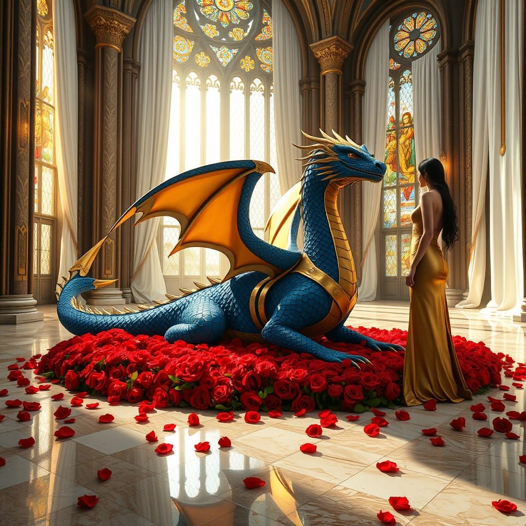 Dragon and Woman in Majestic Castle Interior