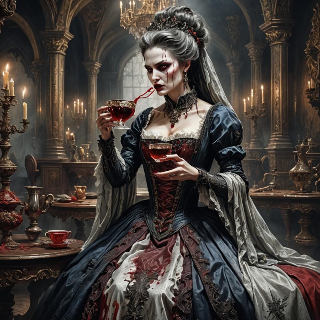 Vampire Woman in Gown, Oil and Ink Illustration