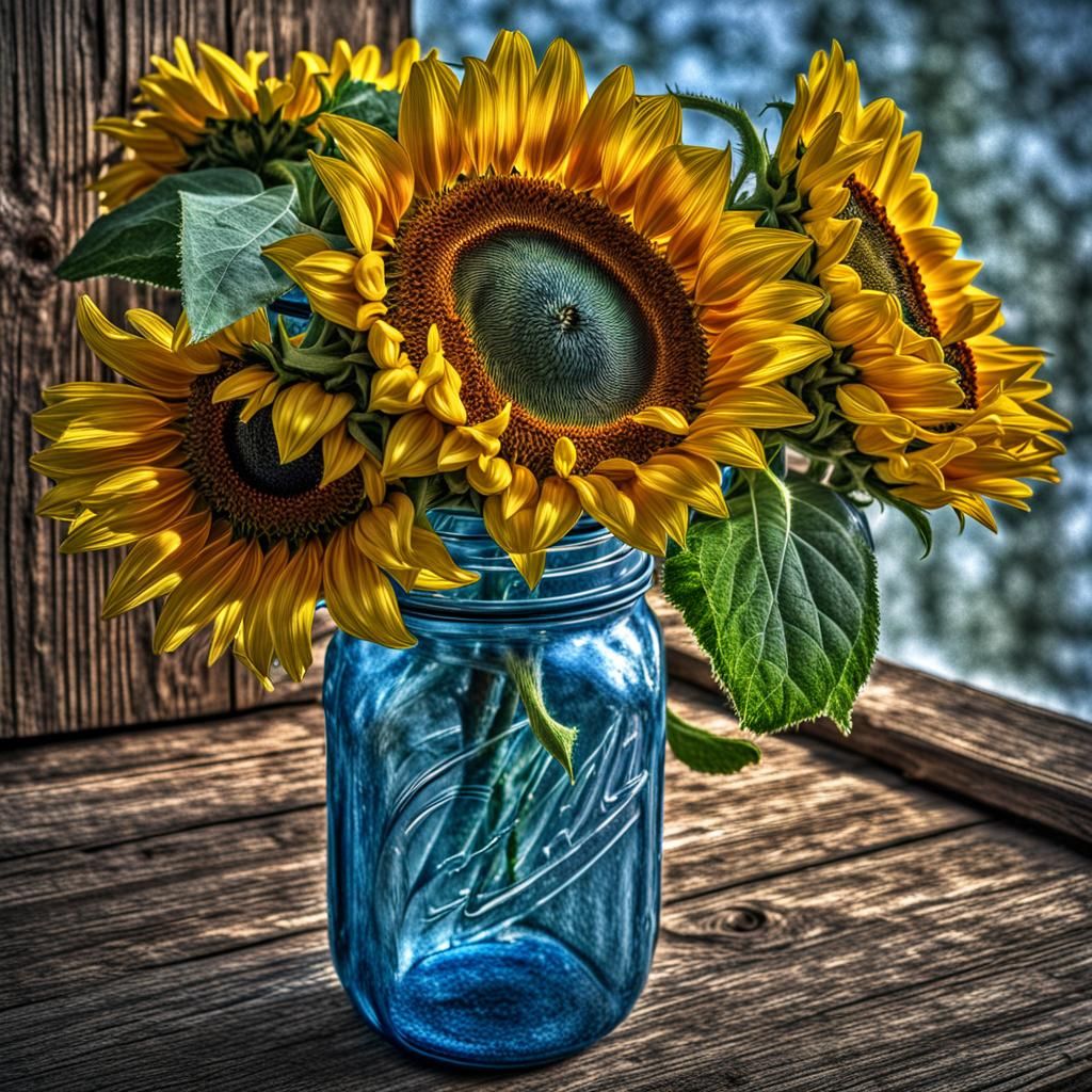 sunflower in blue jar