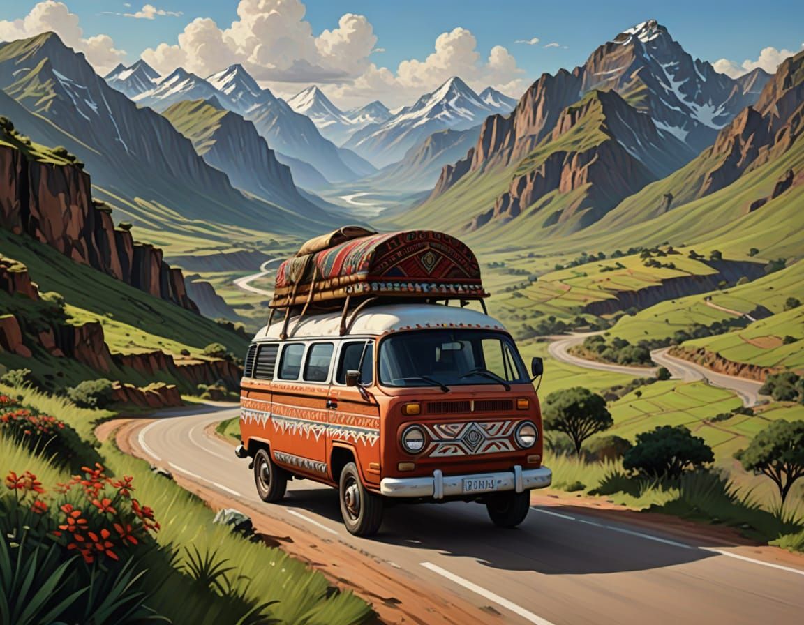Tribal Van on Winding Road: Digital Painting