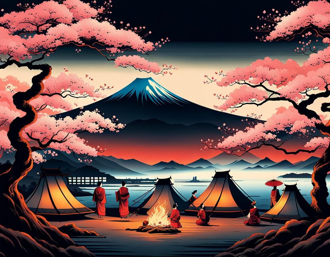 Ukiyo-e Campers Dance Under Sakura by Great Wave