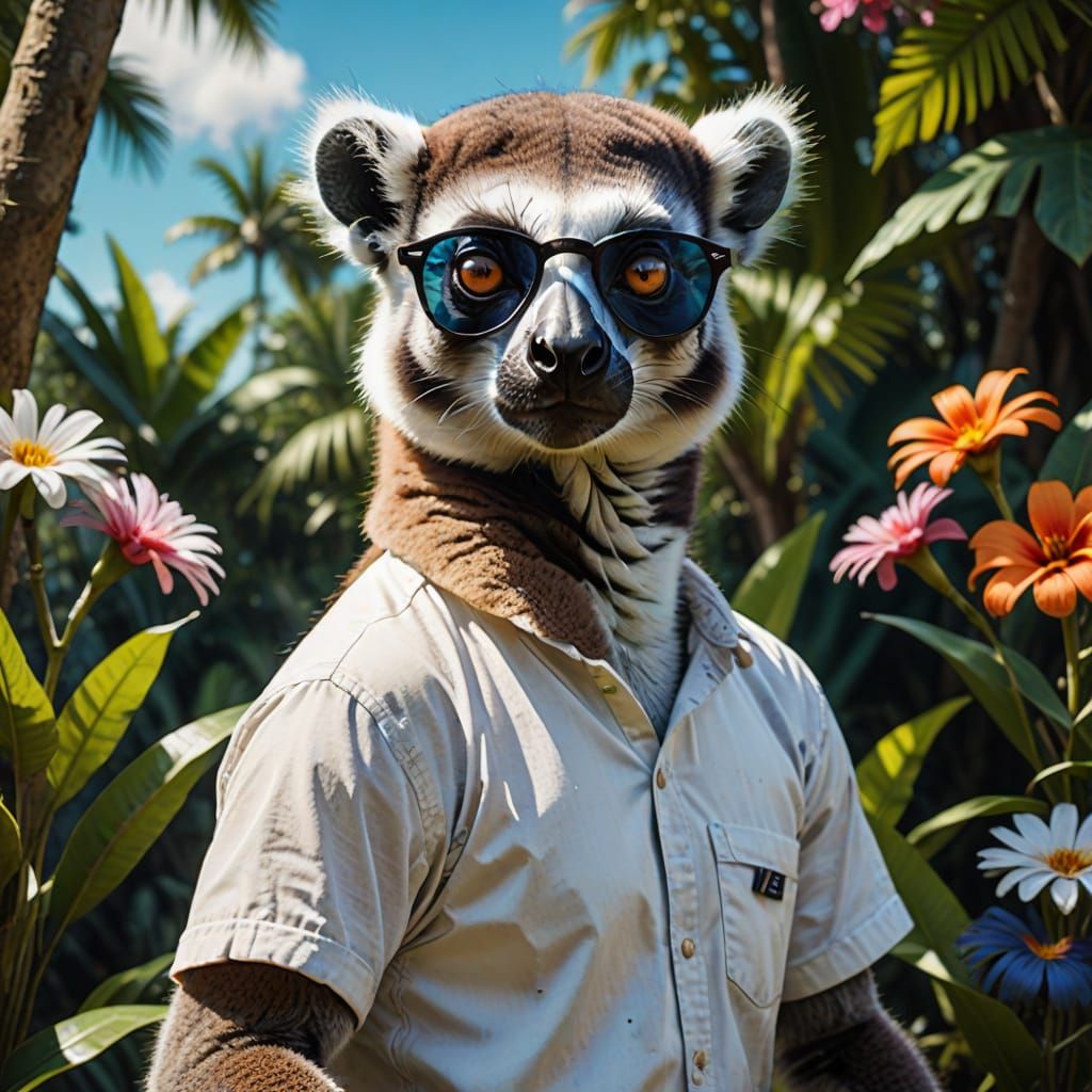 Hyperrealistic Tropical Golfer with a Mischievous Lemur
