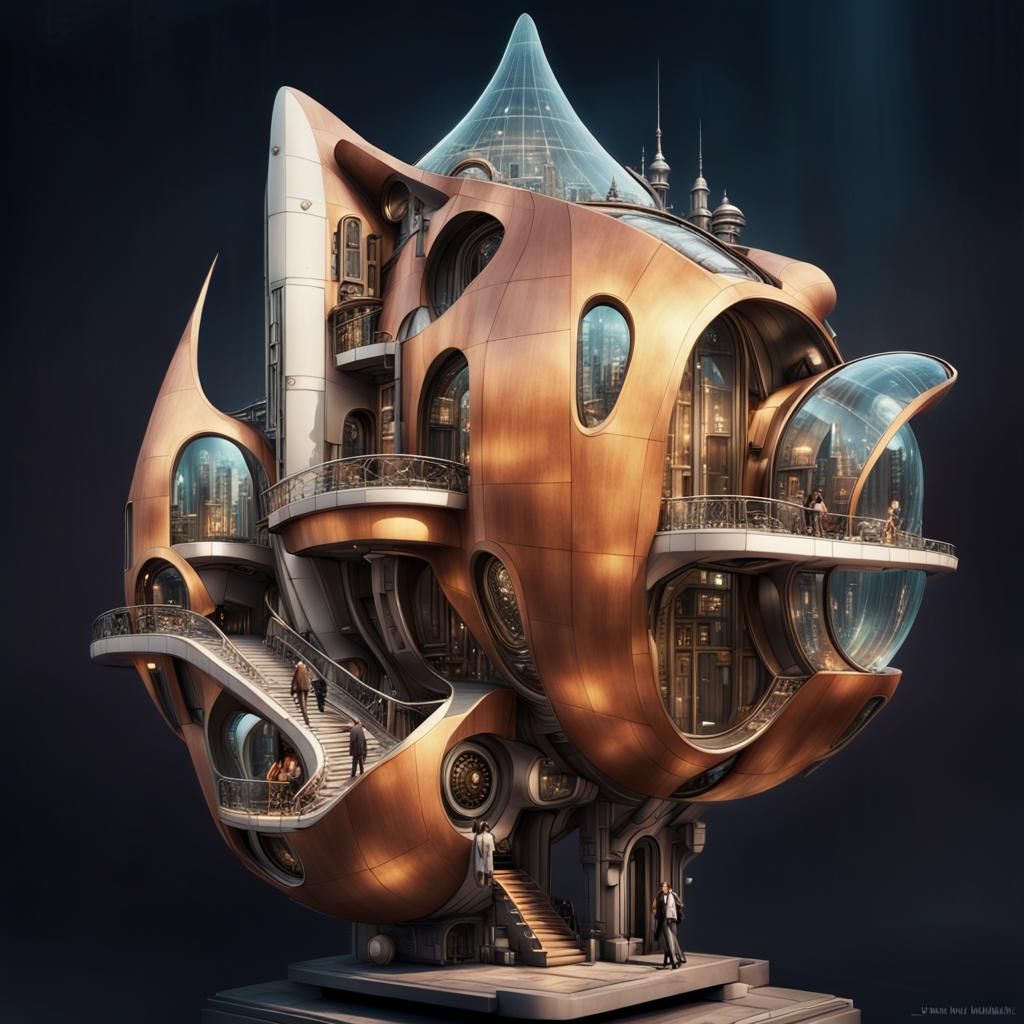 Serene Futuristic City with Steampunk Elegance