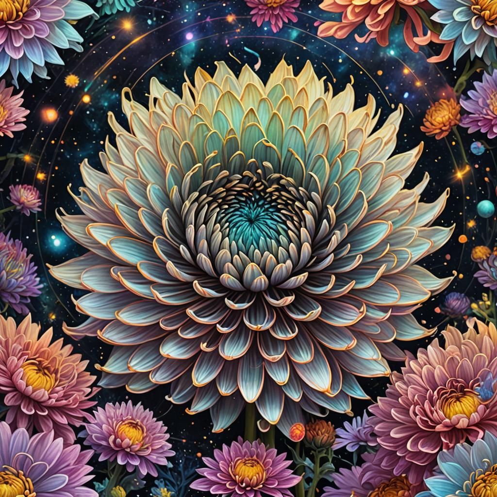 Holographic Chrysanthemum: Astral Cosmic Illustration