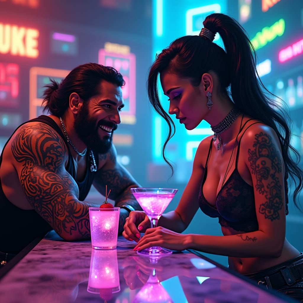 Mexican Brawler at Cyberpunk Bar, Hyper-realistic Illustrati...