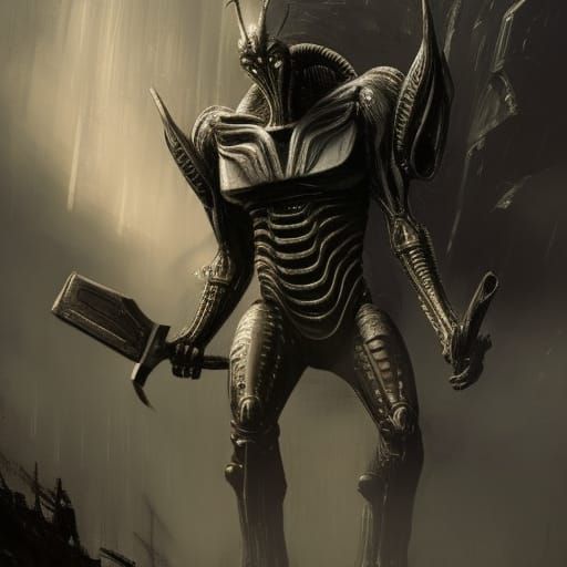 Dark Fantasy Alien with Axe, Hyperdetailed Digital Art