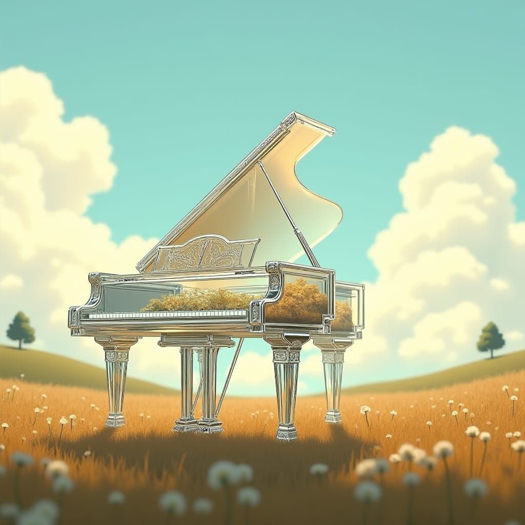 Glass Piano in Dreamy Landscape, Anime Style