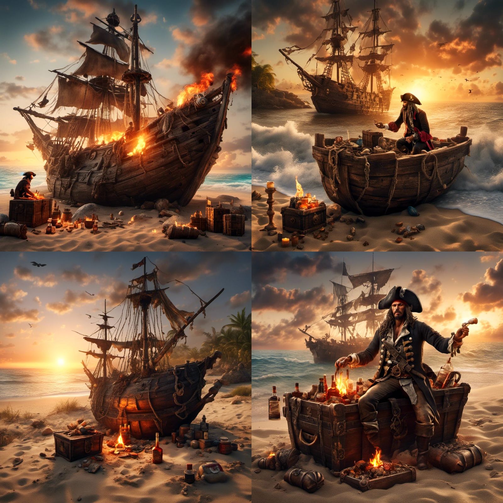 Abandoned Pirate Captain with Rum, Hyperrealistic