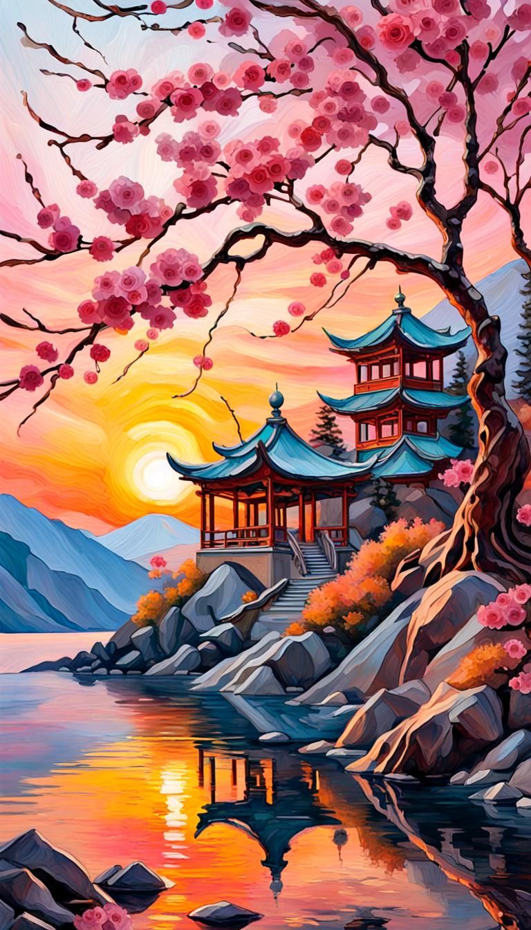 Chinese Lanterns and Sakura Tree Double Exposure