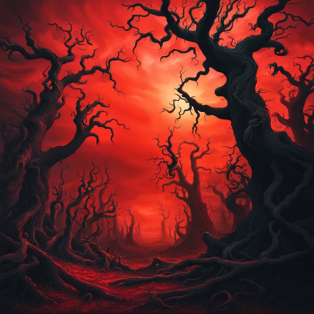 Dark Surrealism: Twisted Forest Under Blood Red Sky