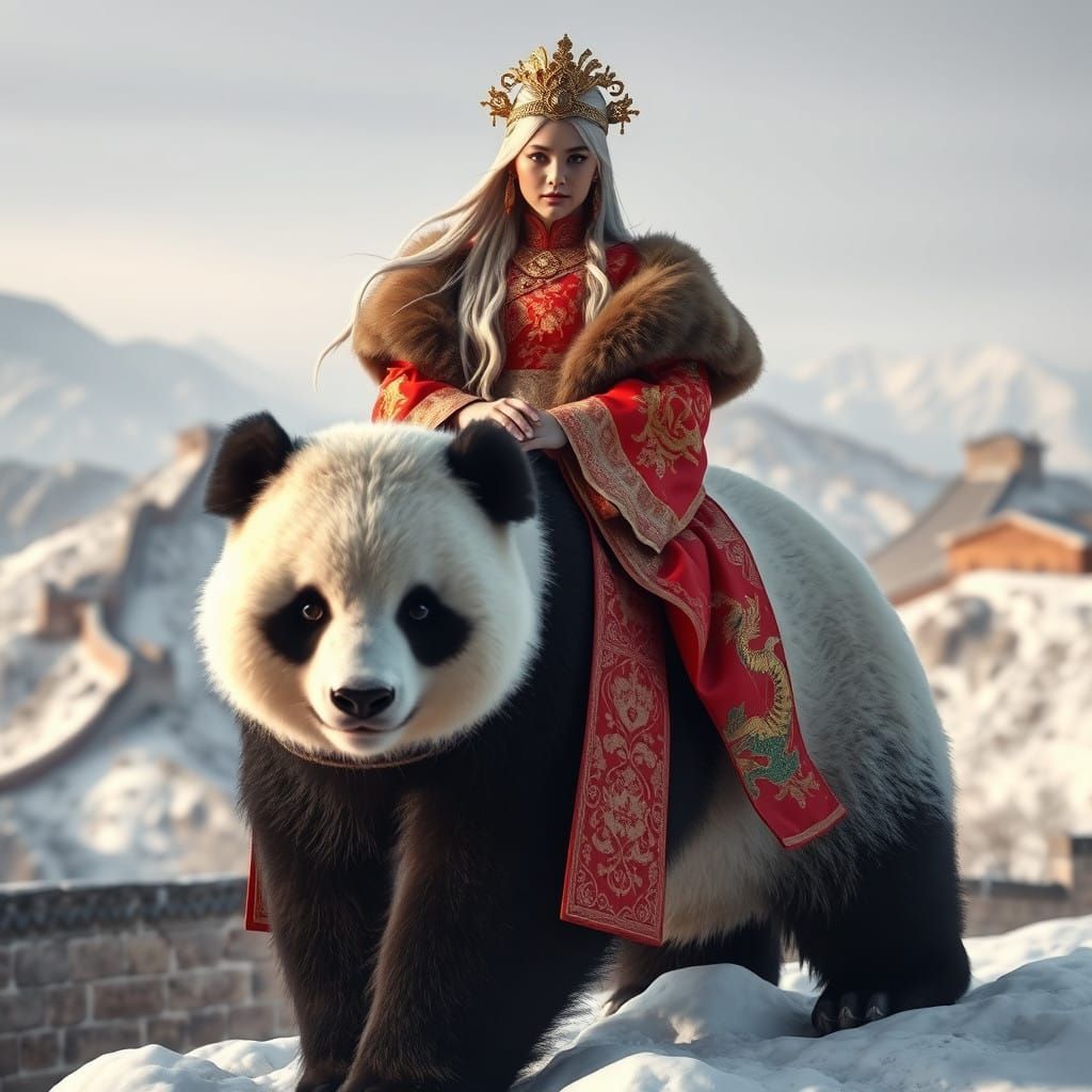 Regal Woman Sits Majestically on Giant Panda in Traditional...