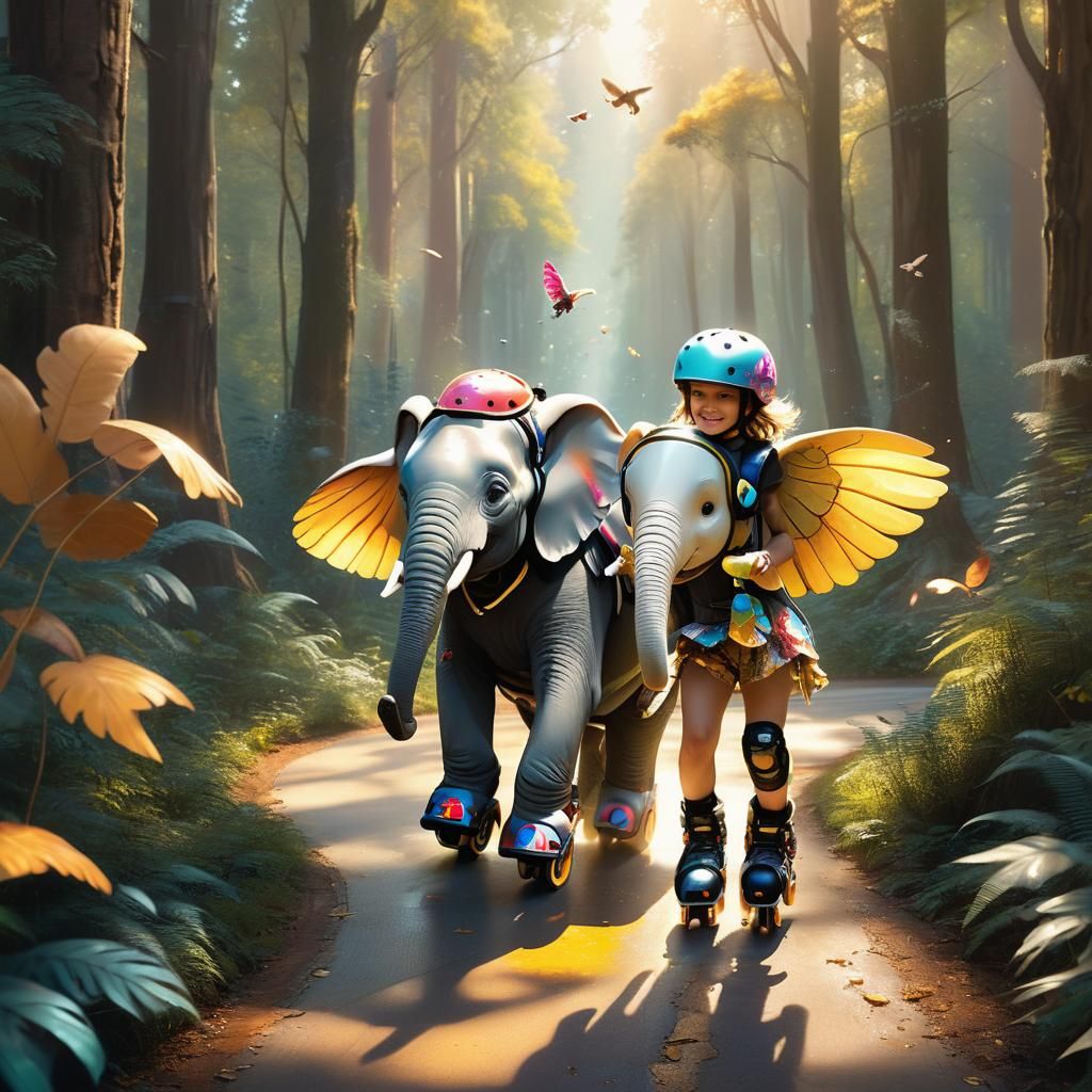 Winged Elephant and Girl in Whimsical Forest Art