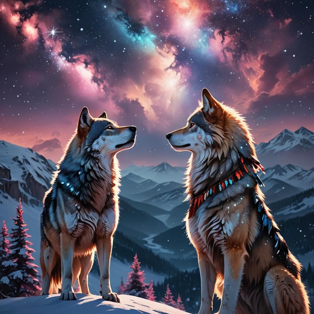 Mystical Wolf and Princess Stargazing in Digital Art