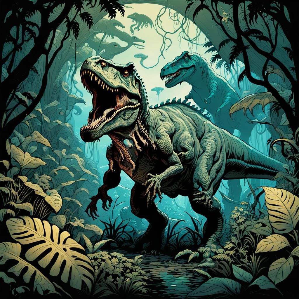 Tyrannosaurus Rex Hunts in Dark Fantasy Jungle Scene, Cyberp...