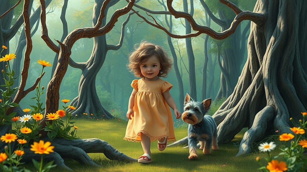 Baby Girl and Schnauzer in Whimsical Forest