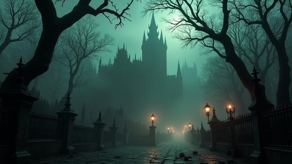 Eerie Gothic Cityscape in Toxic Mist