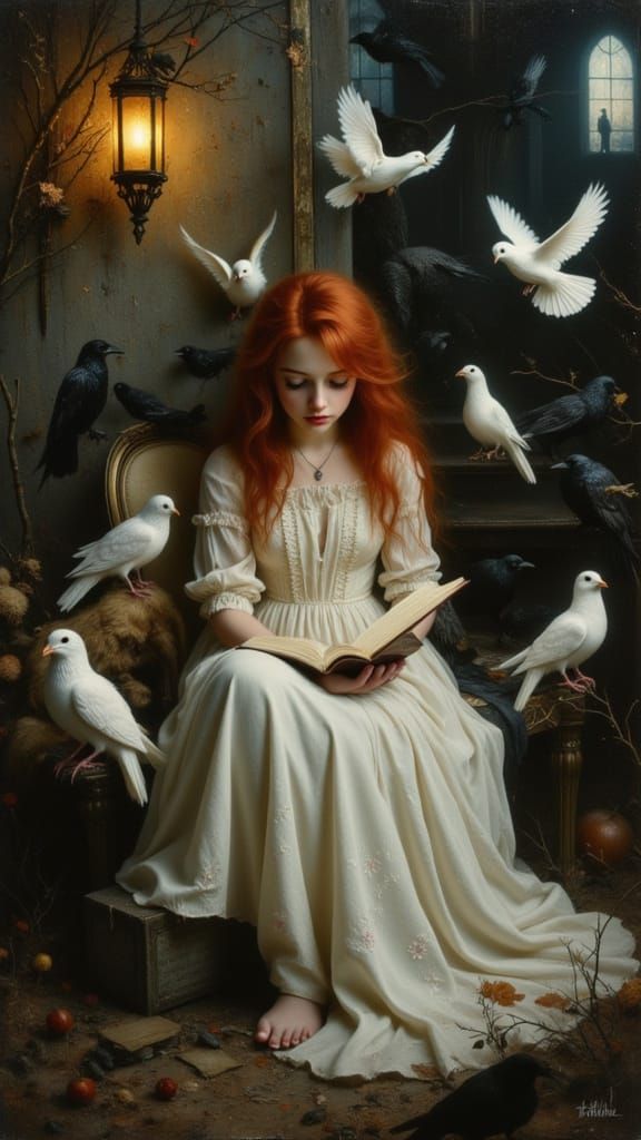 Red Haired Girl Reading by Lamplight with Crows and Doves