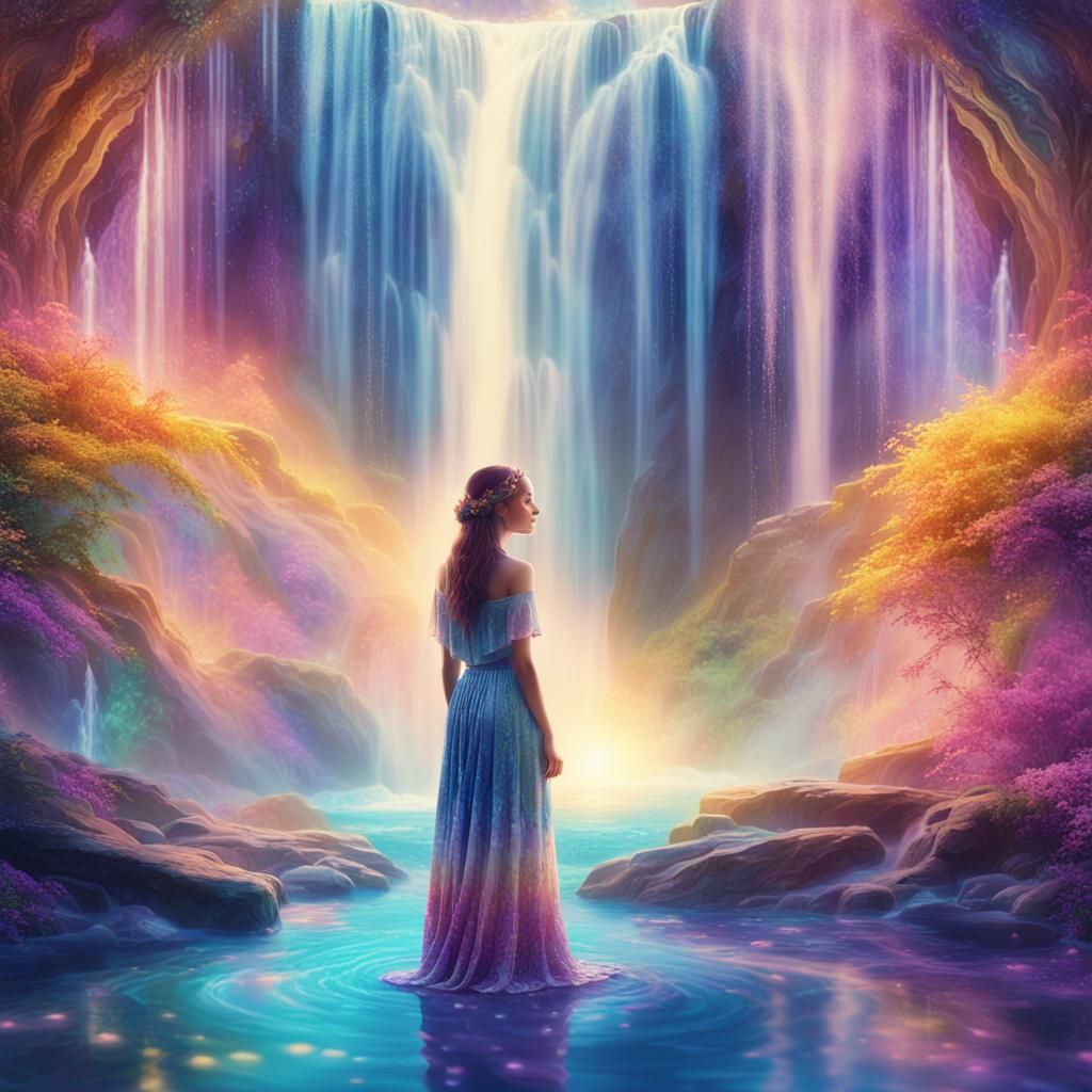 Ethereal Woman at Magical Waterfall in Art Nouveau Style