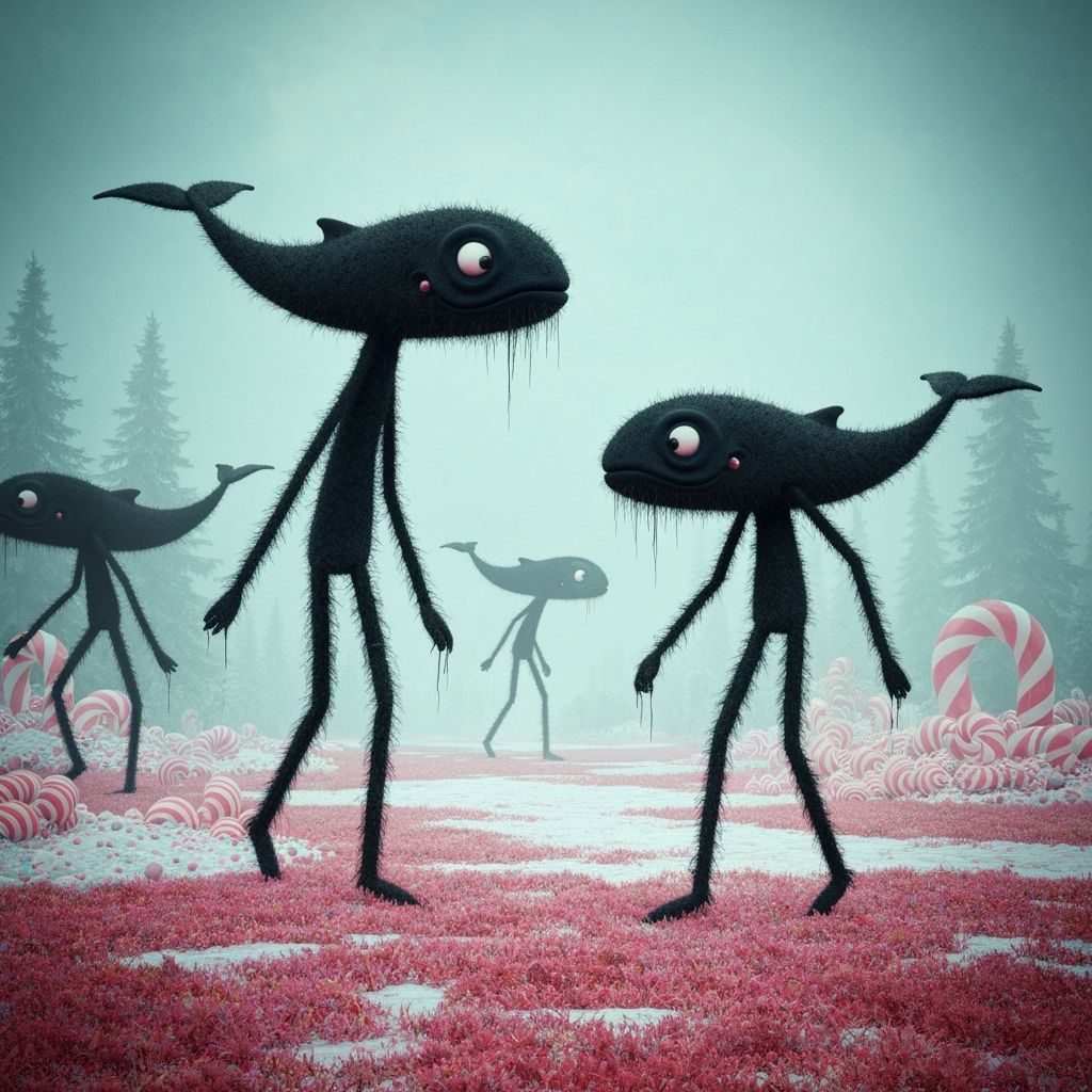 Surreal Stickman Whales with Hairy Legs in Candyland