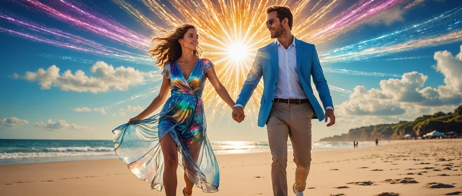 Cosmic Beach Run: Holographic Astral Illustration