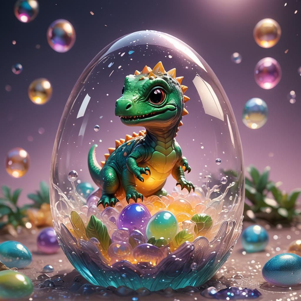 Chibi Dinosaur in Jelly Egg: Hyperrealistic Splash Art