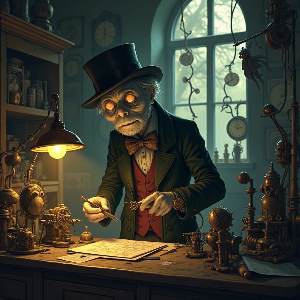 Ghostly Clockmaker in Cartoon Style Workshop