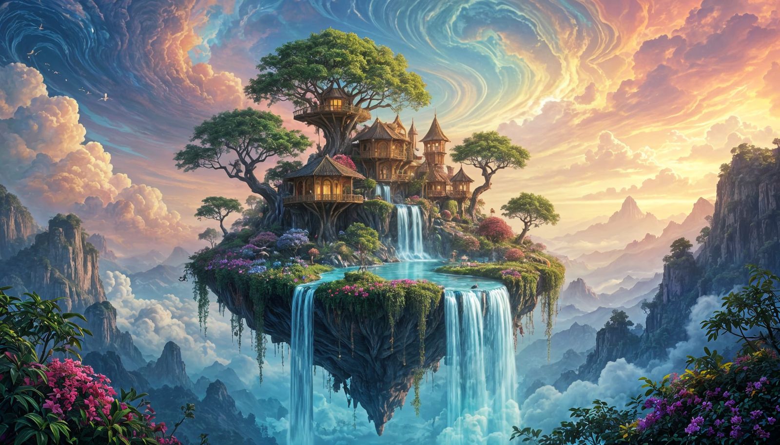 Floating Island with Waterfalls & Tree Houses in Psychedelic...