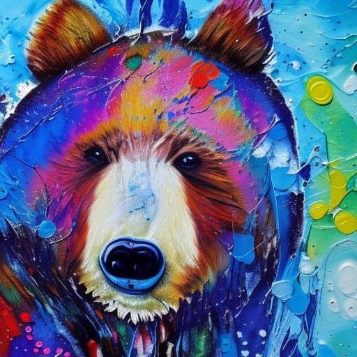 Grizzly Bear with Blue Eyes, Neo-Impressionist Painting