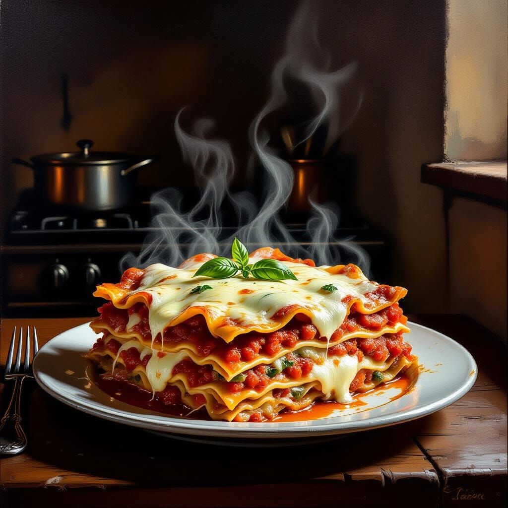 Steaming Lasagna Napoletana in Rustic Kitchen