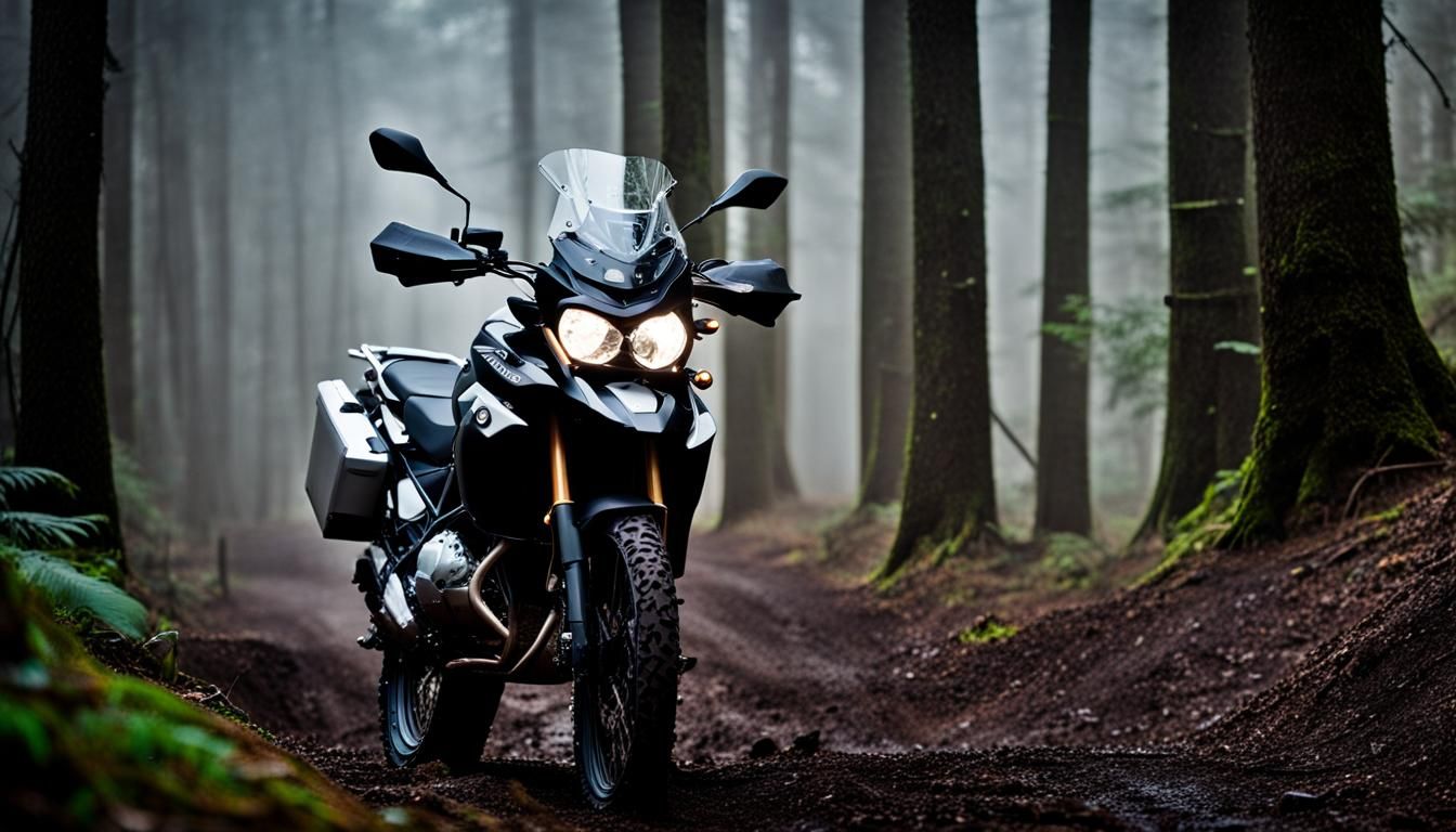 Mud-Covered BMW Motorcycle in Misty Forest
