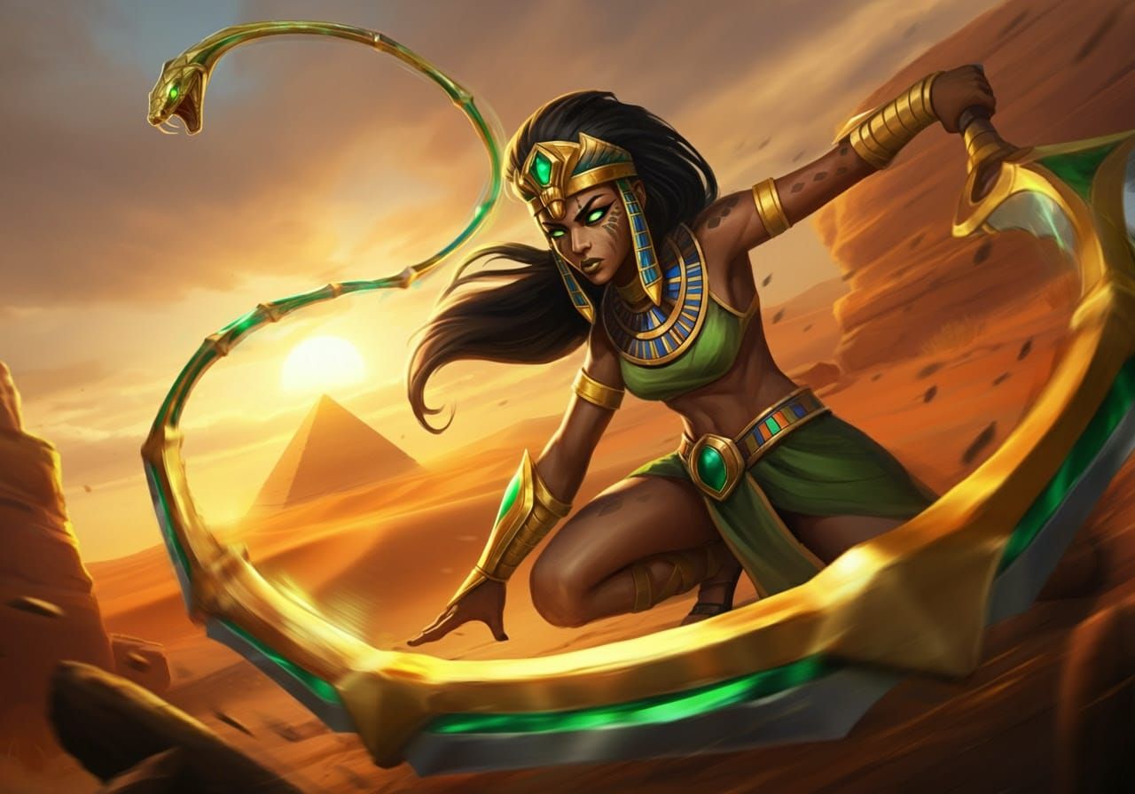 Egyptian Warrior in Motion, Snake Head Whip at Close Up