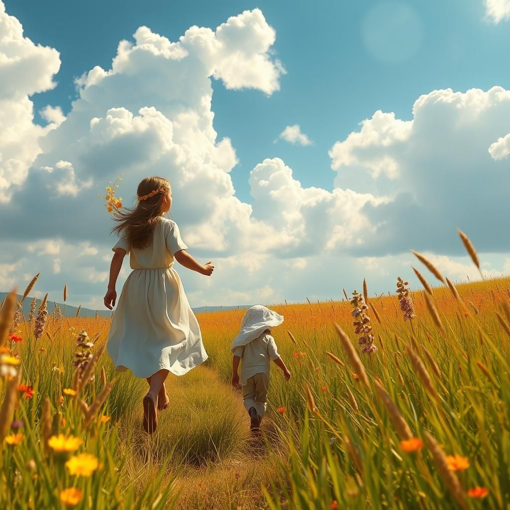 Girl and Jesus in Sunlit Wildflower Field
