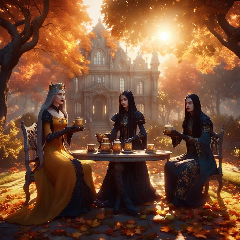 Gothic Goddesses Enjoying Tea in Autumn Garden