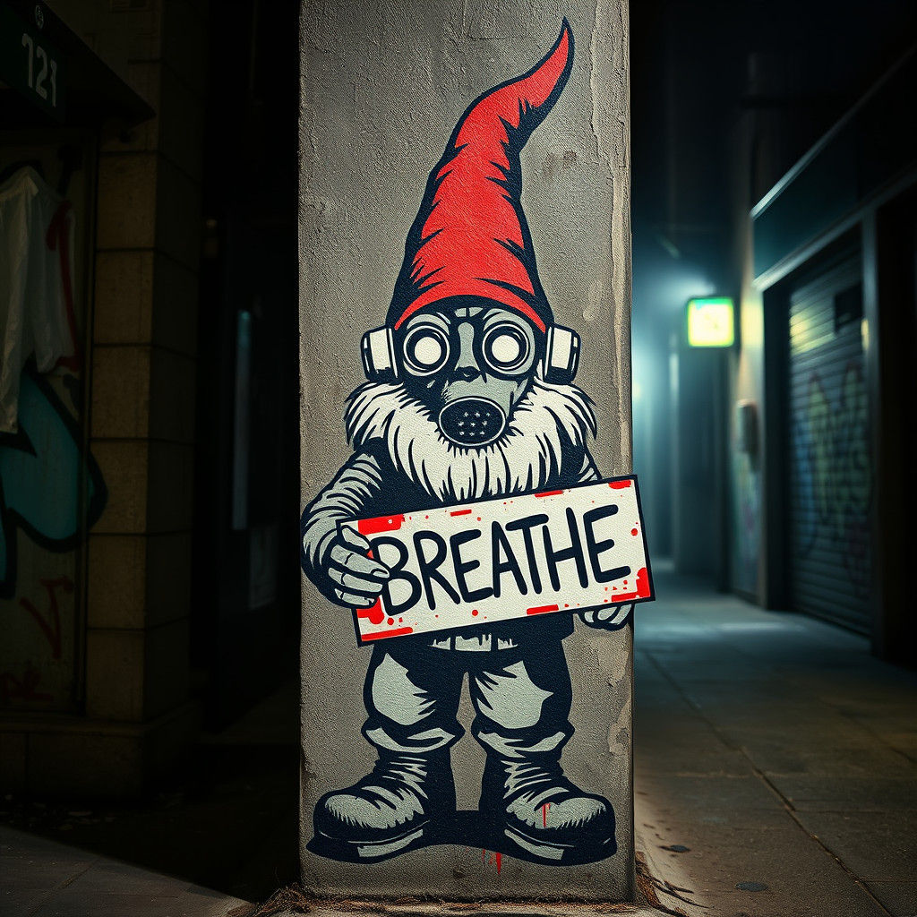 Giger-Style Gnome Street Art with Gas Mask