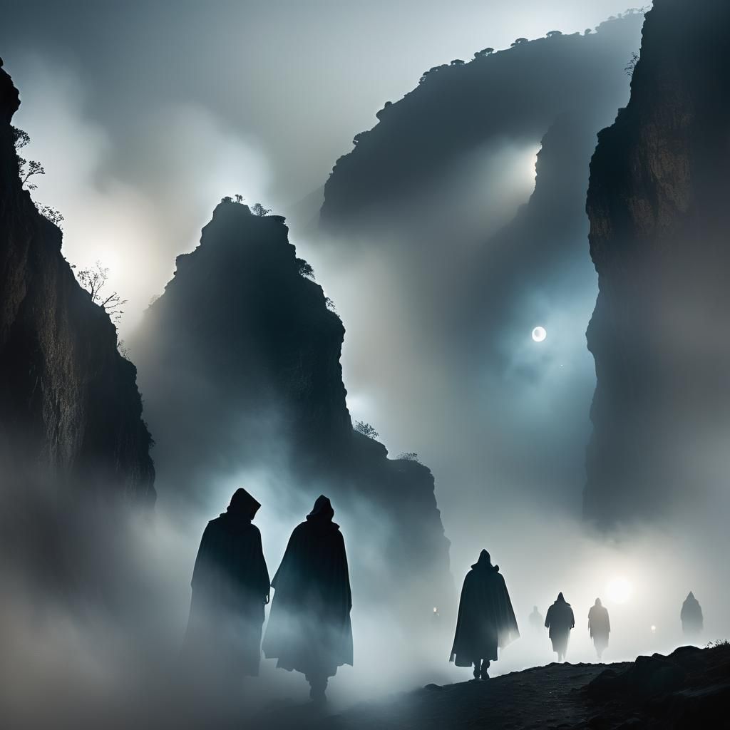 Noir Photography of Cloaked Figures in Fog