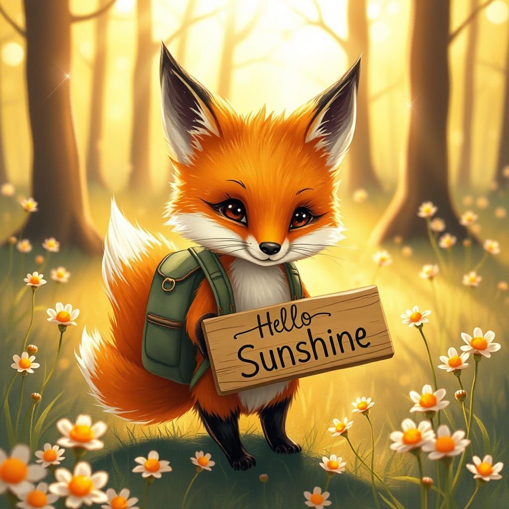Fox with Sign in Sunny Forest, Storybook Style