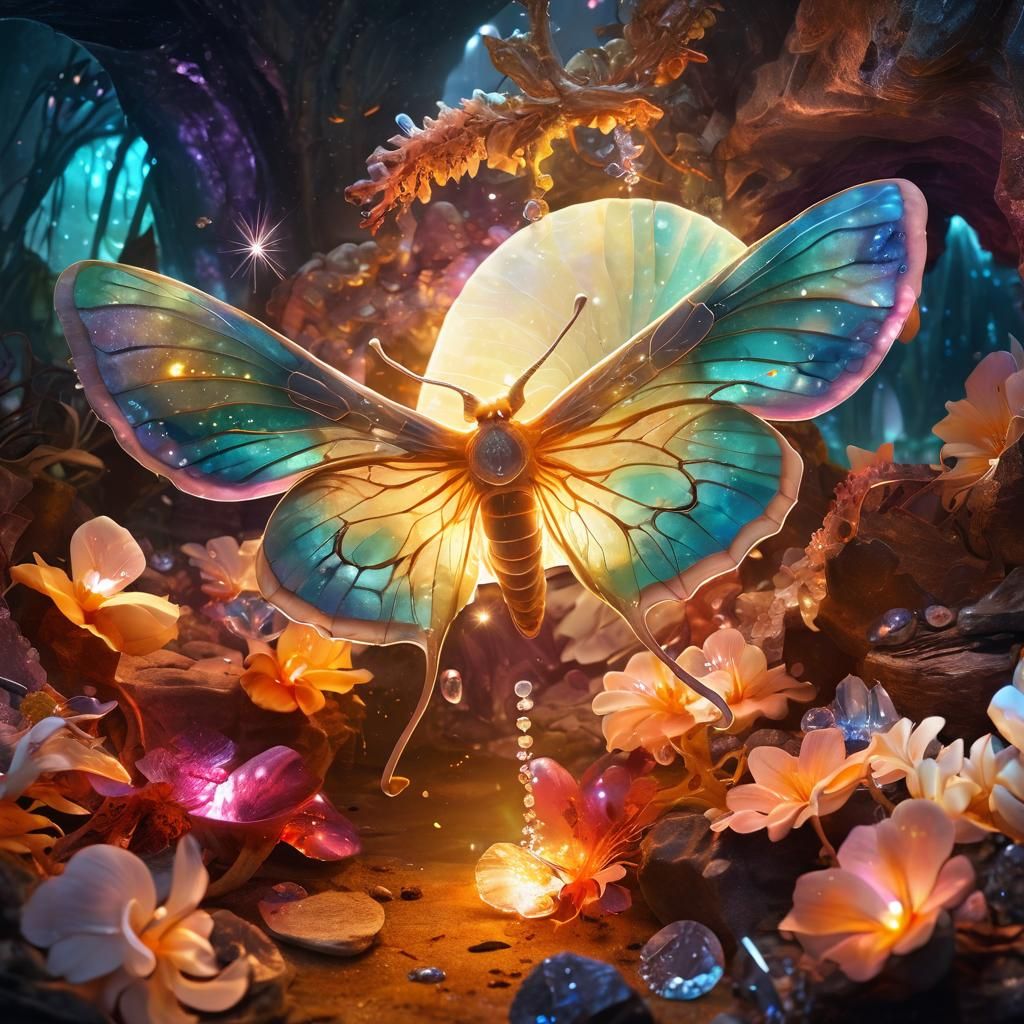 Orchid Moth on Ammonite Shell in Crystal Cavern