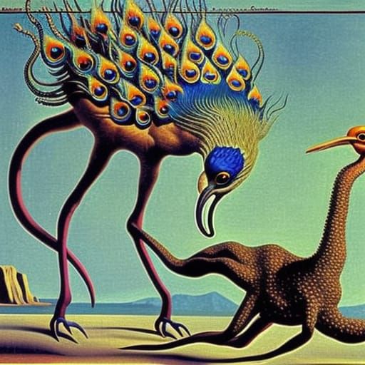 Surrealistic Octopeacock Attacks Ostrich in Hyperdetailed Su...