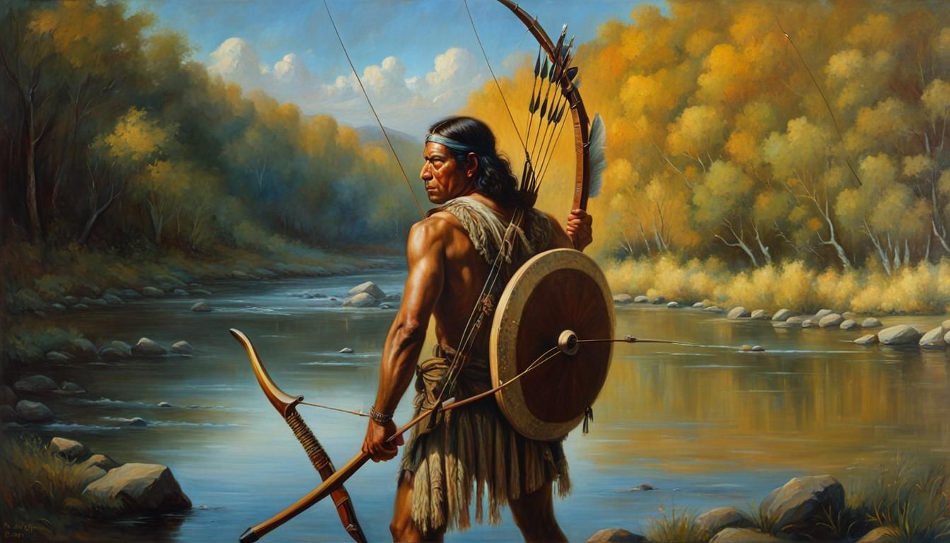 Native American Man with Bow and Arrow, Oil Painting