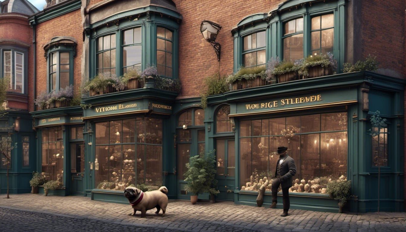 Two Pugs in Victorian Street, Pastel Watercolor