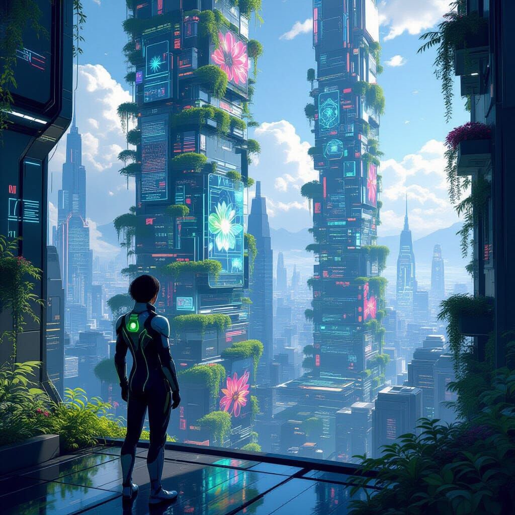 Futuristic Cityscape with Holographic Flora in Ethereal Styl...
