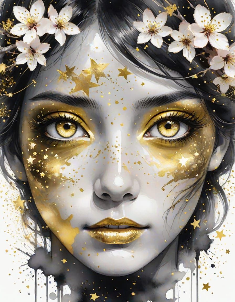 Golden Eyes with Cherry Blossoms Watercolor Splash