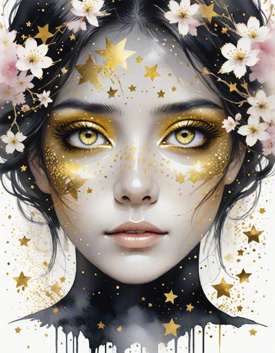 Golden Eyes with Cherry Blossoms in Watercolor Style